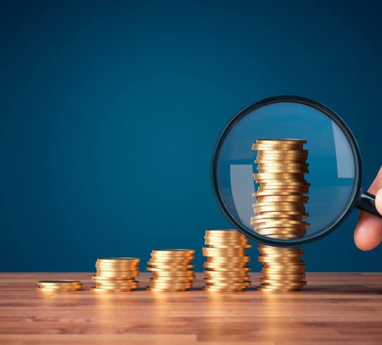 Coins examined with magnifying glass