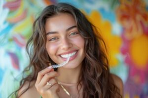 Young woman holding clear Invisalign aligner.
