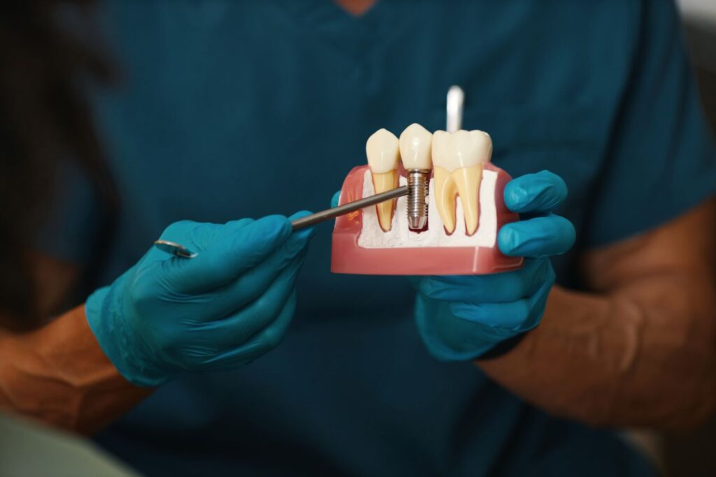 A dentist showing a patient a dental implant model
